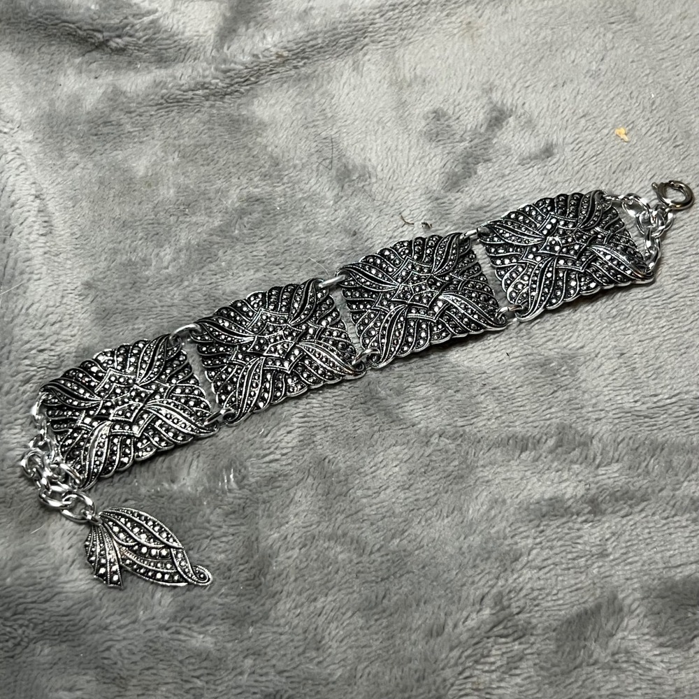 Vintage W Germany Silver Tone Leaf Link Bracelet Gothic Boho Art Nouveau